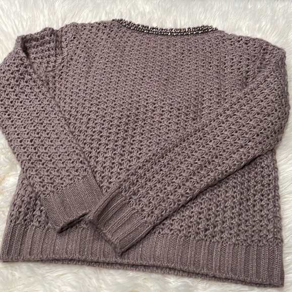 Willow and Clay dusty rose open crochet, jewel collar sweater - Picture 8 of 10